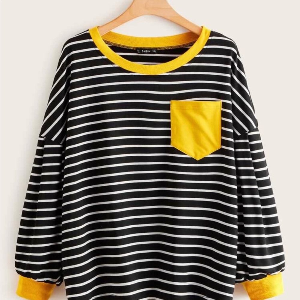 Kidcore black/white striped top with gold pocket ringer sleeves indie/punk 90s